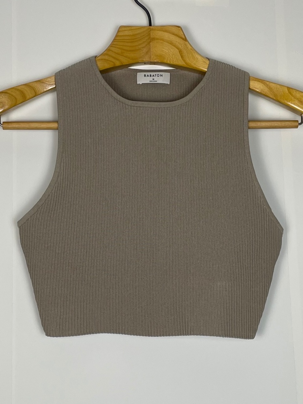 ARITZIA BABATON Ribbed Crewneck Cropped Tank Top Taupe Tan Beige Minimalist M